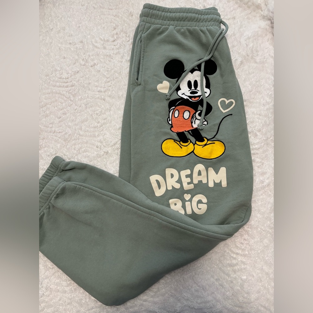 Disney Green and Black Sweatpants with Mickey Mouse Graphic